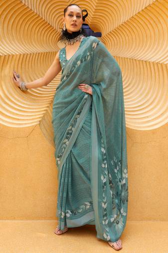 Teal silk georgette printed saree with blouse