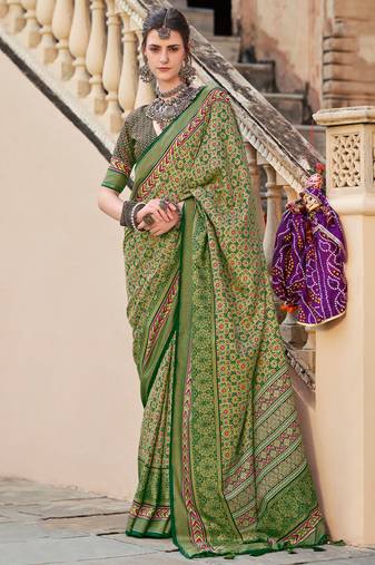 Green sigma silk ajrakh printed saree with blouse
