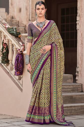 Wine sigma silk ajrakh printed saree with blouse