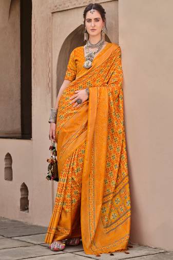 Mustard sigma silk ajrakh printed saree with blouse