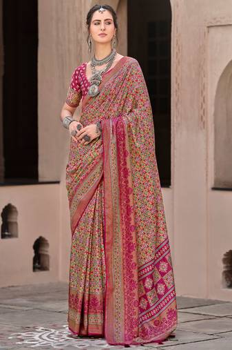 Rani pink sigma silk ajrakh printed saree with blouse