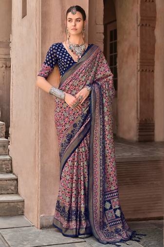Navy blue sigma silk ajrakh printed saree with blouse