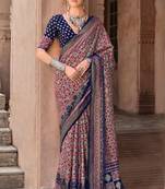 Navy blue sigma silk ajrakh printed saree with blouse