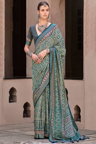 Multicolor sigma silk ajrakh printed saree with blouse