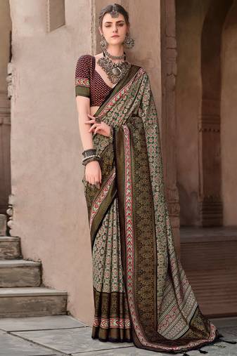 Multicolor sigma silk ajrakh printed saree with blouse