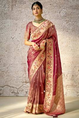 Wine Banarasi silk blend jacquard woven with embroidery hand work blouse saree with blouse 1