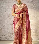 Wine Banarasi silk blend jacquard woven with embroidery hand work blouse saree with blouse