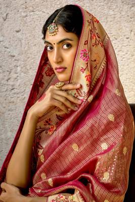 Wine Banarasi silk blend jacquard woven with embroidery hand work blouse saree with blouse 3