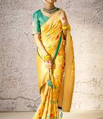 Mustard banarasi silk jacquard woven with embroidery hand work blouse saree with blouse