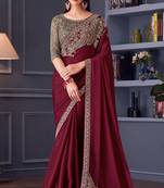 Maroon sartin silk heavy thread embroidery sequins work saree with blouse