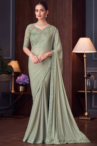 Light pista green silk heavy thread embroidery sequins work saree with blouse