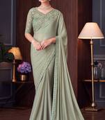 Light pista green silk heavy thread embroidery sequins work saree with blouse