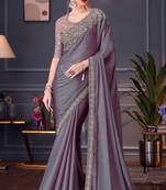 Purple chiffon silk heavy thread embroidery sequins work saree with blouse