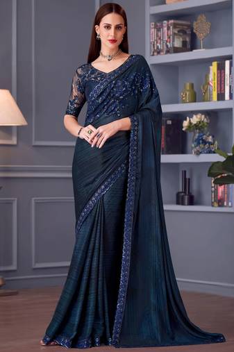 Navy blue glitter silk heavy thread embroidery sequins work saree with blouse