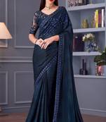 Navy blue glitter silk heavy thread embroidery sequins work saree with blouse