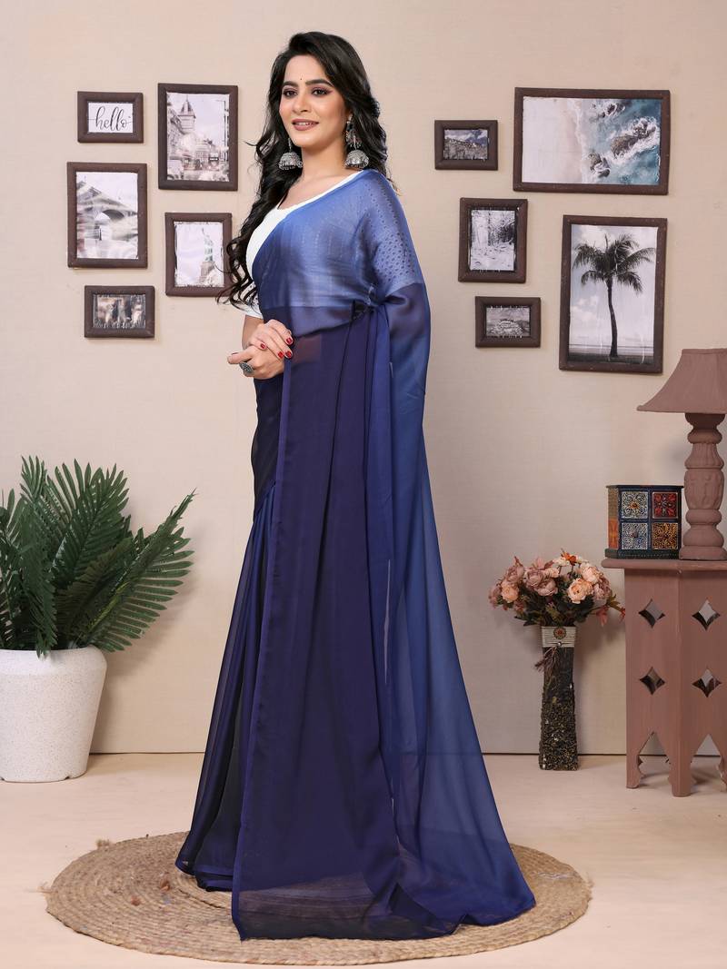 Ready To Wear Blue Fancy Satin Silk Saree With Contrast Blouse