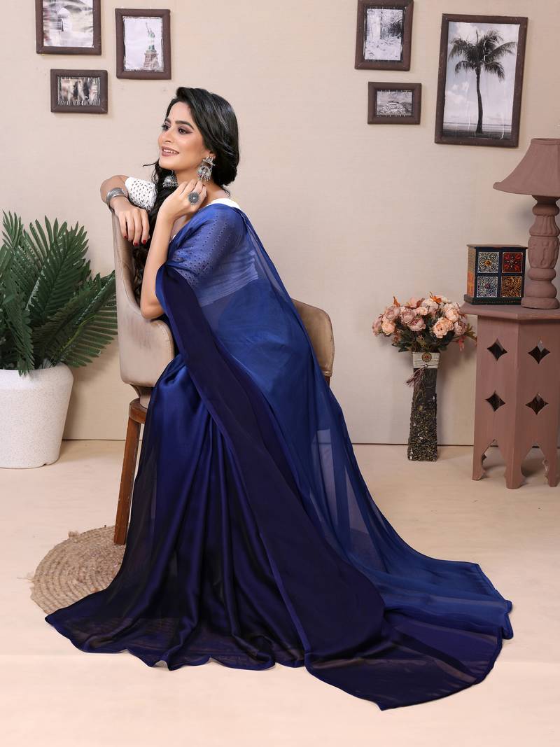 Ready To Wear Blue Fancy Satin Silk Saree With Contrast Blouse