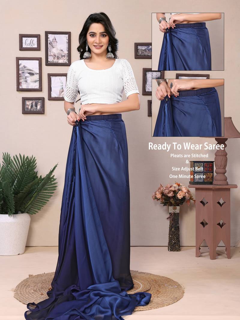 Ready To Wear Blue Fancy Satin Silk Saree With Contrast Blouse