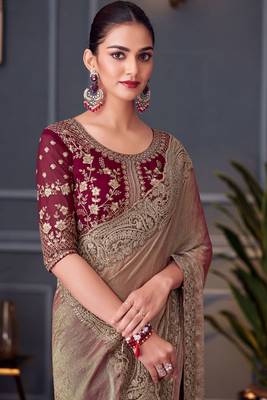 Bronze double tone silk heavy thread embroidery sequins work saree with blouse 2