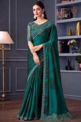 Green sartin chiffon heavy thread embroidery sequins work saree with blouse 1