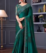 Green sartin chiffon heavy thread embroidery sequins work saree with blouse