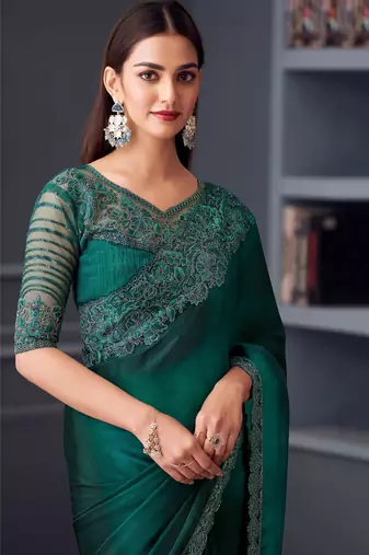 Green sartin chiffon heavy thread embroidery sequins work saree with blouse