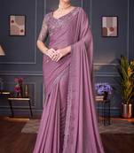 Onion pink shimmer silk heavy thread embroidery sequins work saree with blouse