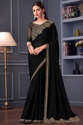 Black sartin chiffon heavy thread embroidery sequins work saree with blouse 1