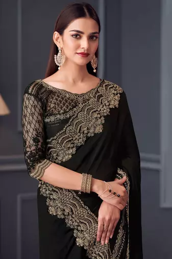 Black sartin chiffon heavy thread embroidery sequins work saree with blouse
