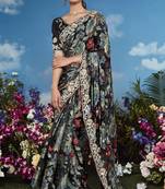 Black pure brasso heavy embroidery work on border & multicolour flower pattern saree with embroidery blouse