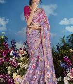 Lavender pure brasso heavy embroidery work on border & multicolour flower pattern saree with embroidery blouse