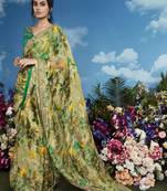 Light yellow pure brasso heavy embroidery work on border & multicolour flower pattern saree with embroidery blouse