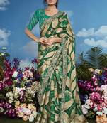 Green pure brasso heavy embroidery work on border & multicolour flower pattern saree with embroidery blouse