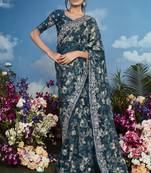 Dark blue pure brasso heavy embroidery work on border & multicolour flower pattern saree with embroidery blouse