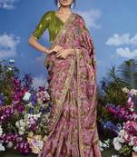 Onion pink pure brasso heavy embroidery work on border & multicolour flower pattern saree with embroidery blouse