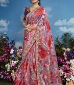 Pink pure brasso heavy embroidery work on border & multicolour flower pattern saree with embroidery blouse