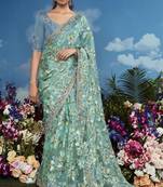 Turquoise pure brasso heavy embroidery work on border & multicolour flower pattern saree with embroidery blouse