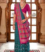 Teal blue silk digital patola print saree with blouse