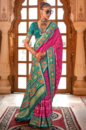 Rani pink silk digital patola print saree with blouse