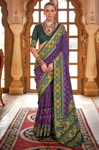 Violet silk digital patola print saree with blouse