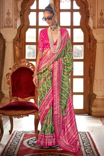 Light green silk digital patola print saree with blouse