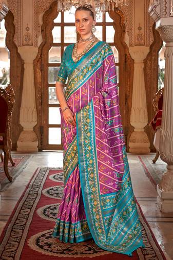 Magenta silk digital patola print saree with blouse