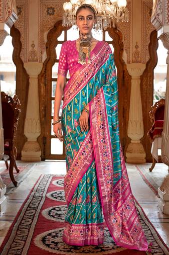Aqua blue silk digital patola print saree with blouse