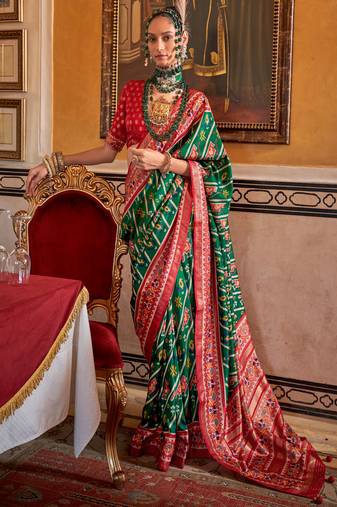Green pv silk digital patola print saree with blouse