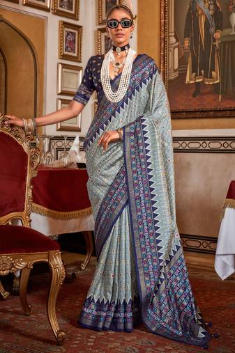 Grey sigma silk digital patola print saree with blouse
