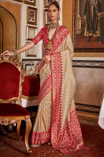 Cream sigma silk digital patola print saree with blouse