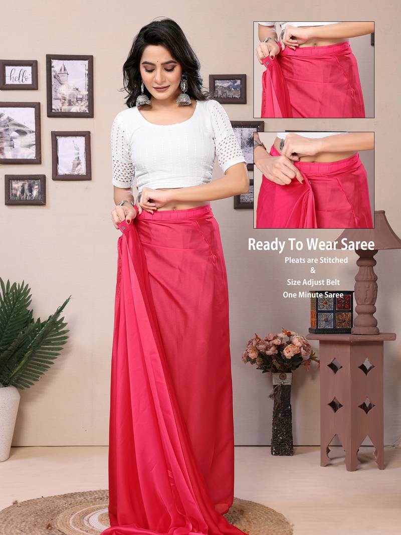 Pink Ready To Wear Fancy padding Satin Silk Saree With Contrast Blouse