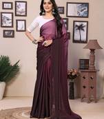 Ready To Wear Wine Fancy Satin Silk Saree With Contrast Blouse