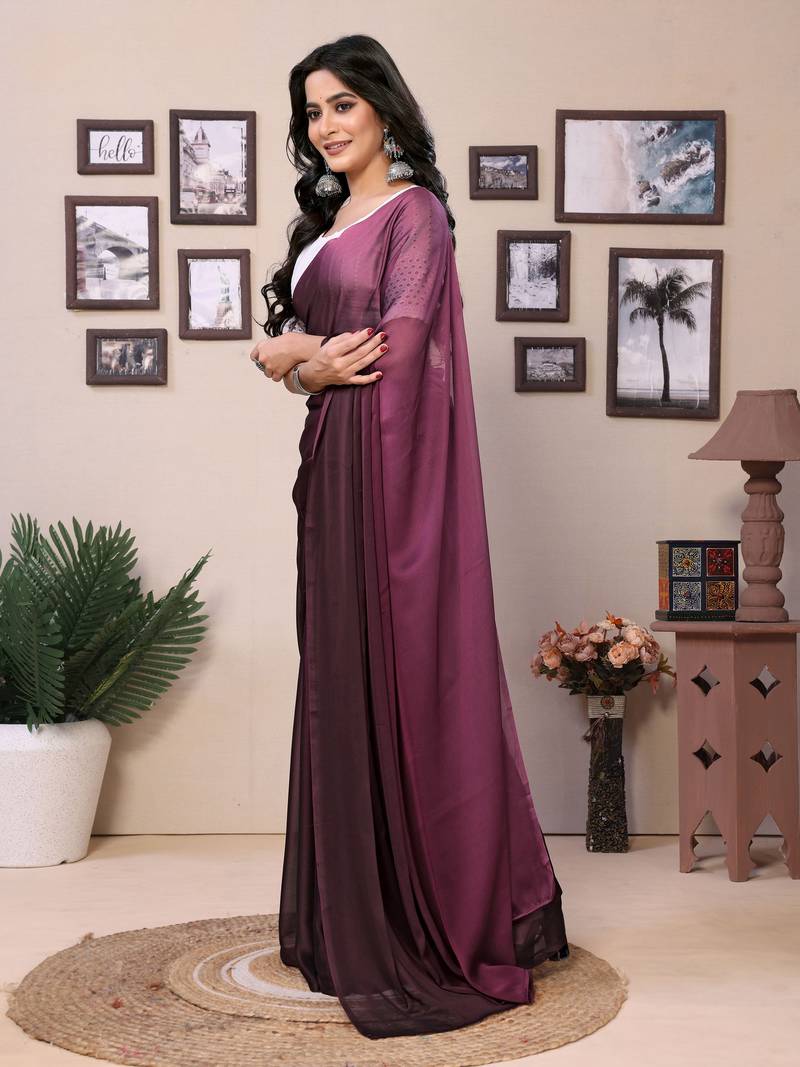 Ready To Wear Wine Fancy Satin Silk Saree With Contrast Blouse
