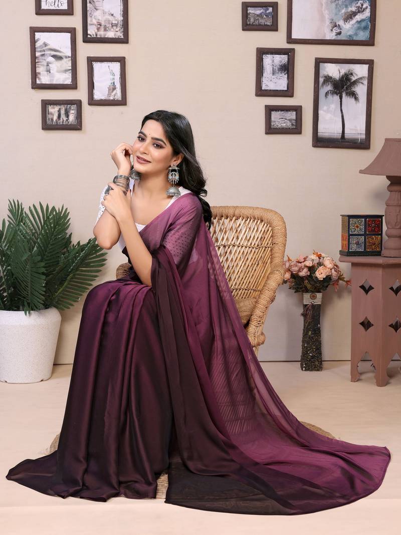 Ready To Wear Wine Fancy Satin Silk Saree With Contrast Blouse